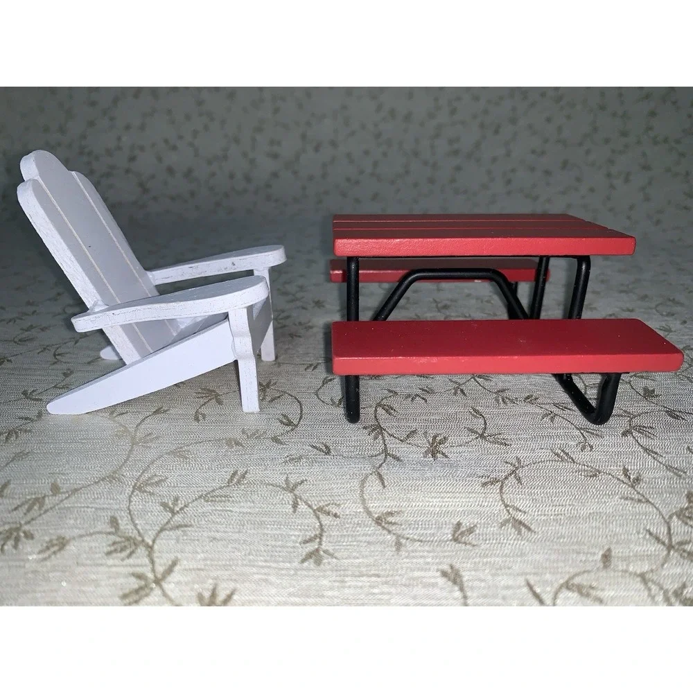 Dollhouse Picnic Furniture Outdoor Red Wood Picnic Table, Adironback Wood Chair